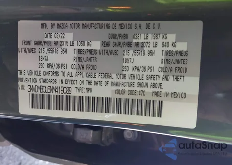 2022 Mazda Cx-30 Carbon Edition z USA, uszkodzony, nr VIN 3MVDMBCL6NM419089